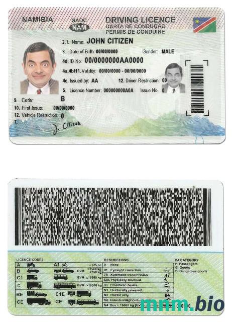Szablon prawa jazdy Namibia w formacie PSD, ze wszystkimi czcionkami